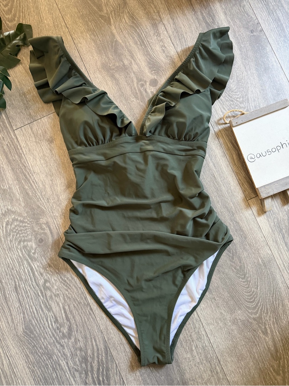 Cupshe Ruffled V-Neck Tummy Control One-Piece Swimsuit in Olive Green. Size M